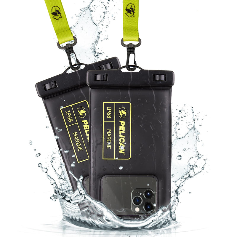 Pelican 2 Pack Marine - IP68 Waterproof Phone Pouch (Regular Size)-Floating Waterproof Phone Case For iPhone 15 Pro Max/ 14 Pro Max/ 13 Pro Max/ 12/ S24 - Detachable Lanyard - Black / Hi-Vis Yellow 2 Pack - Black / Hi-Vis Yellow