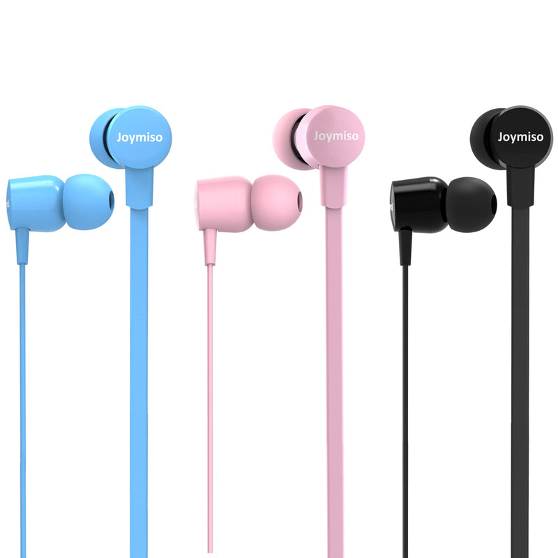 Wired Earbuds for School Kids Women Small Ears w Mic, Case, 3 Sets Bundle | Case, Volume Control, 6 Sizes Tips, Lightweight Comfortable, Tangle Free Flat Cable, in Ear Headphones for Cell Phone Laptop