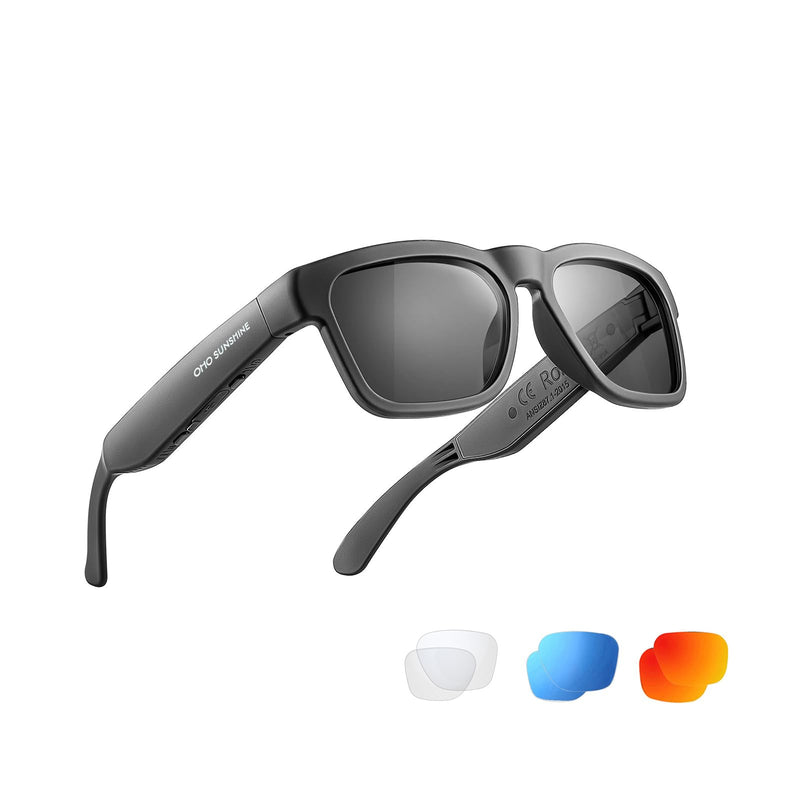 OhO sunshine Bluetooth Audio Sunglasses, Lightweight Open Ear Sport Glasses, 10H Playtime, Water Resistant with Voice Control Black
