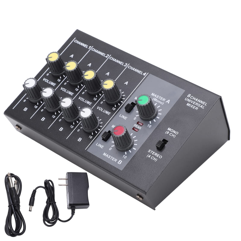 8 Channel Audio Mixer Low Noise Mono Stereo Input DC 12V 6.35mm Interface US Plug 110-240V Powered