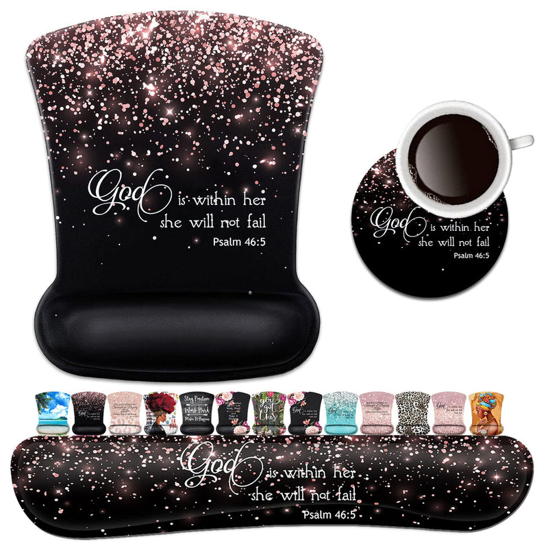 Keyboard Wrist Rest Pad and Ergonomic Mouse Pad Wrist Support Set Psalm 46:5 God is Within Her,She Will Not Fall Rose Gold Black for Gaming,Office,Comfortable and Pain Relief with Coaster Set Fd-wristrest-2-12
