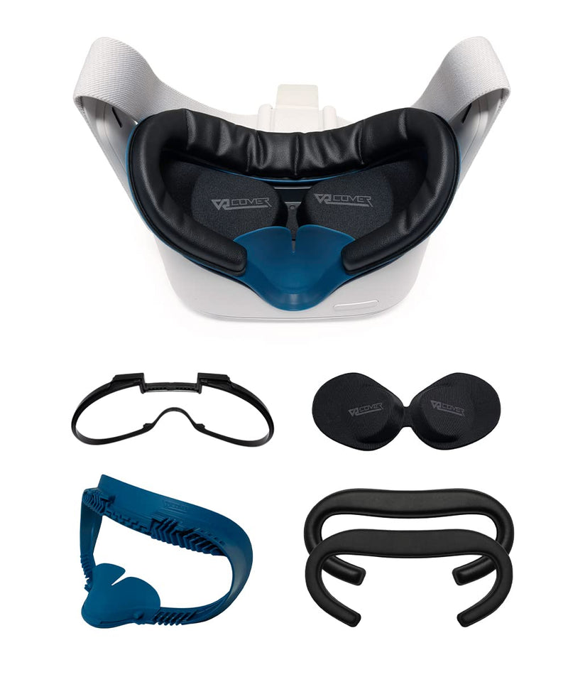 VR Cover Fitness Facial Interface Bracket, Foam Replacement, XL Glasses Spacer, and Lens Protector Cover for Oculus/Meta Quest 2 (Dark Blue & Black + XL Spacer) Dark Blue & Black + XL Spacer