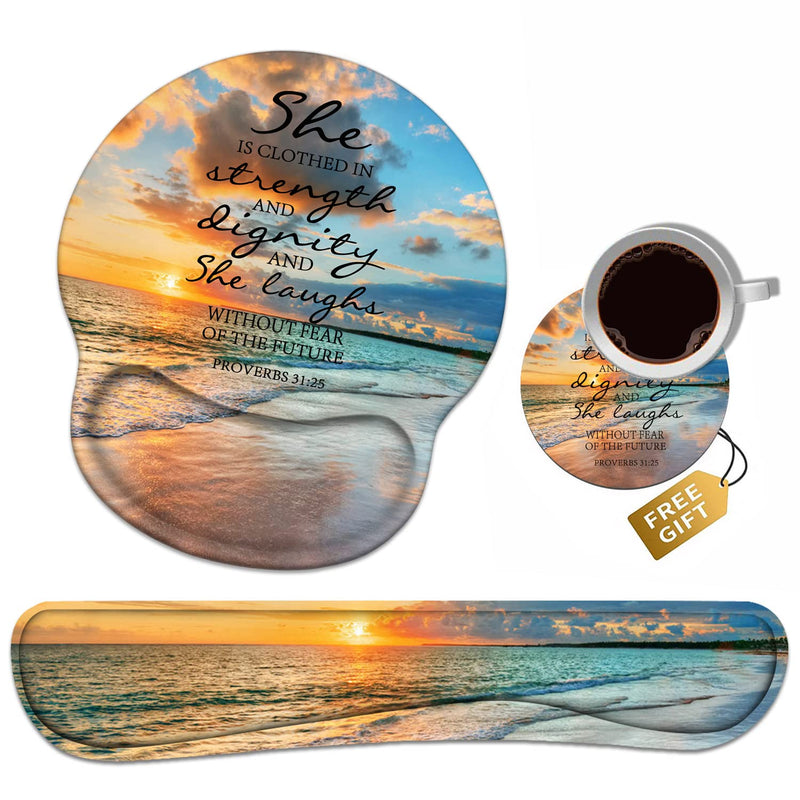 Keyboard Wrist Rest + Mouse Pad Wrist Support Set with Coasters, Non-Slip PU Base Ergonomic Mousepad for Home Office Working Studying Easy Typing & Pain Relief, Bible Verses Proverbs 31:25