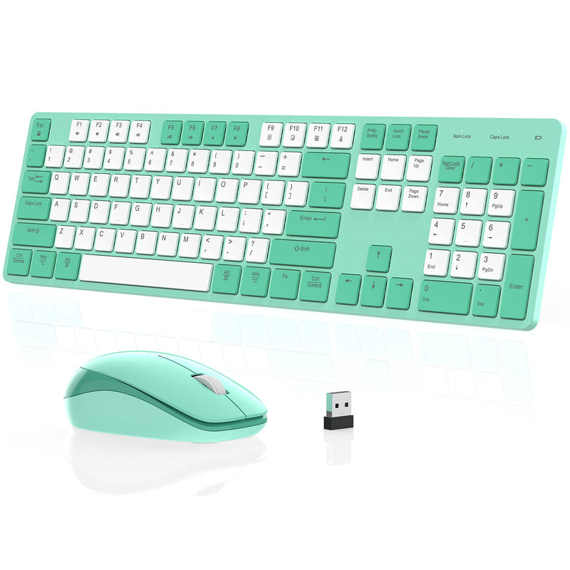POWZAN Wireless Keyboard and Mouse, Ultra Slim Compact Full Size Wireless Keyboard and Mouse Combo 2.4G Ultra-Thin Sleek Design for Windows, Mac, Computer, Desktop, PC, Notebook - (Green White) Green White