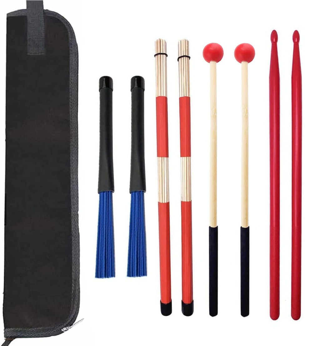 Drum Stick Bag Drum Stick Storage Hanging Bag with 4 Pair Drum Sticks Set includes Jazz Nylon Brushes+Bamboo Rods Drum Brushes+ 5A Nylon Drum Sticks+Wood Mallets Red