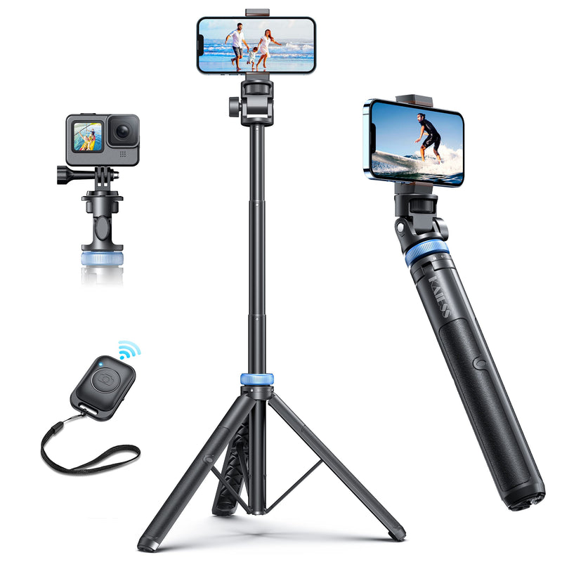 Kaiess 62" iPhone Tripod, Selfie Stick Tripod & Phone Tripod Stand with Remote, Cell Phone Tripod for iPhone, Extendable Travel Tripod Compatible with iPhone 14/13/12 Pro Max/Android/GoPro Black