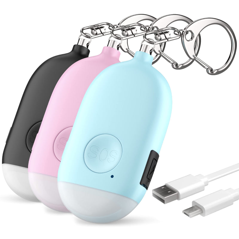 Rechargeable Self Defense Keychain Alarm – 3 Pack 130 dB Loud Emergency Personal Siren Ring with LED Light – SOS Safety Alert Device Key Chain for Women, Kids, and Elderly by WETEN (Black&Pink&Blue) Black&pink&blue