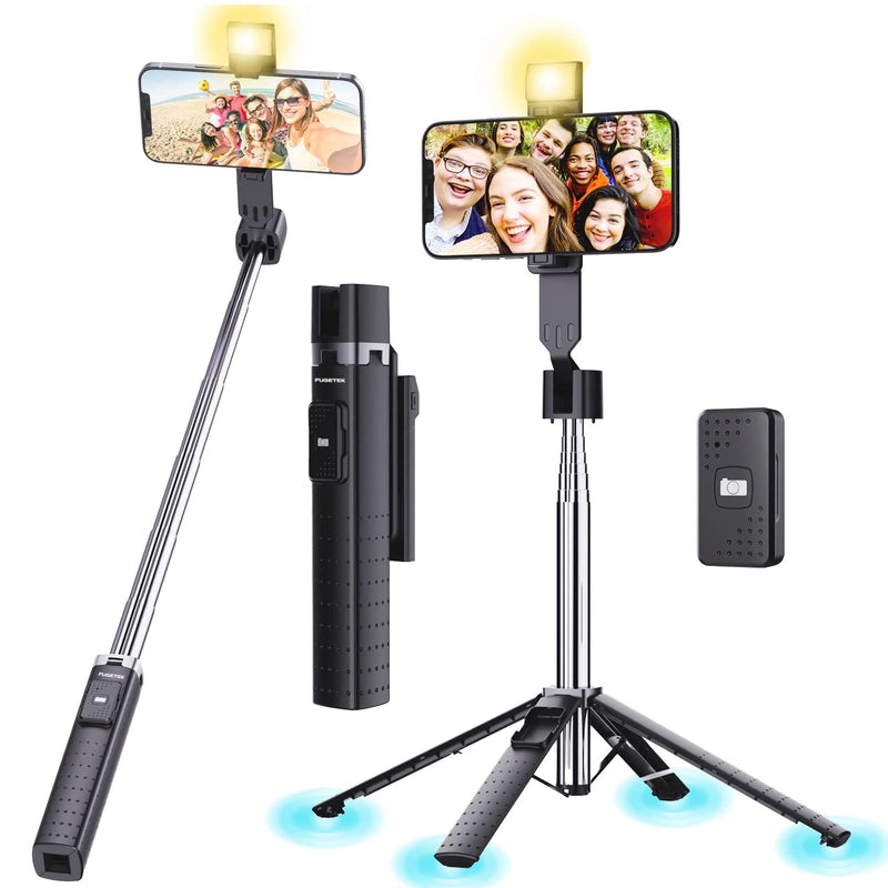 [AUSTRALIA] - Fugetek 40'' Quadrapod Lighted Selfie Stick Stand, Lightweight 7oz, Wireless Bluetooth Remote, Patented Ultra Stable 4 Legs, 3 Onboard Light Modes, Compatible with iPhone & Android (Black) Black 