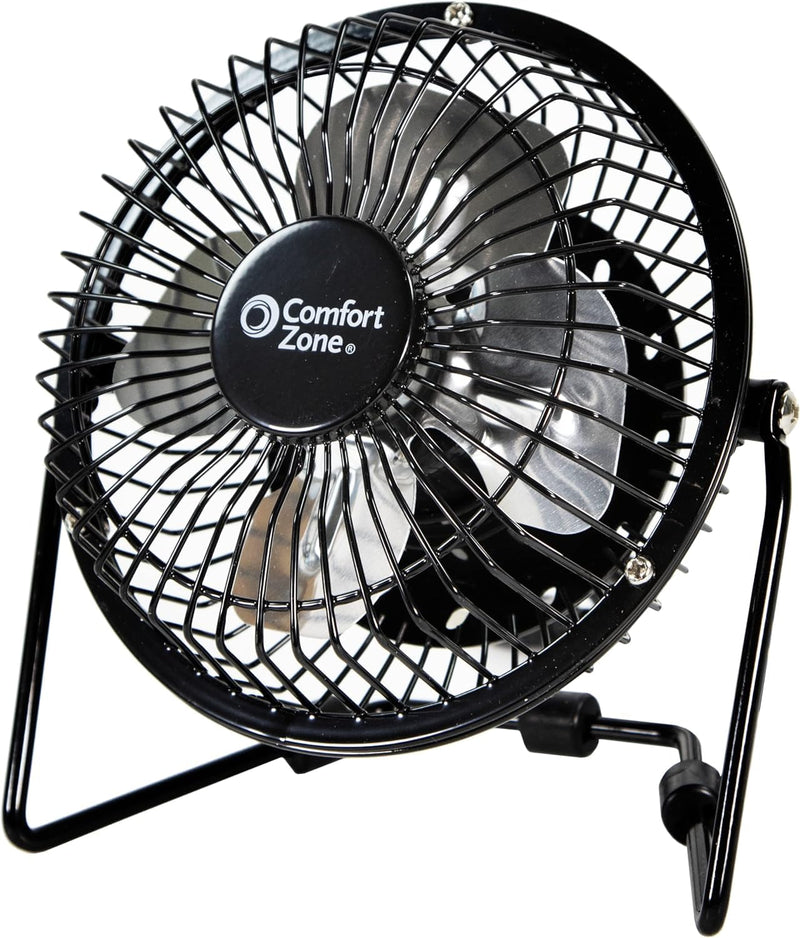 [AUSTRALIA] - Comfort Zone Mini Portable Desk Fan with 360-Degree Adjustable Tilt, Dual Powered (USB or Power Cord), 4 inch, All-Metal Construction, Airflow 3.31 ft/sec, Ideal for Home, Bedroom & Office, CZHV4BK Black 