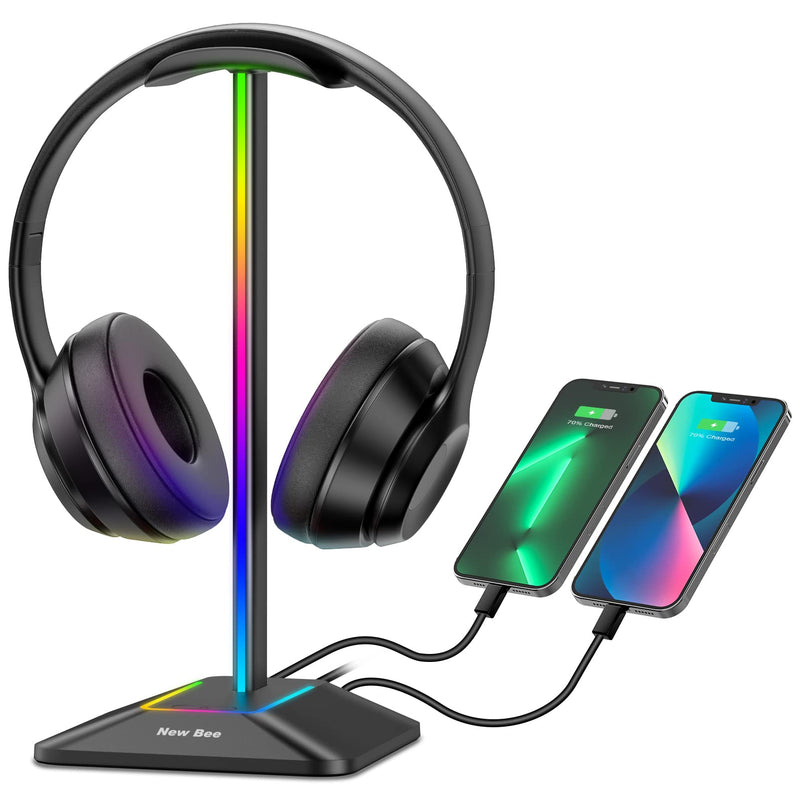 New bee RGB Headphone Stand with 1 USB-C Charging Port and 1 USB Charging Port, Desk Gaming Headset Holder with 7 Light Modes and Non-Slip Rubber Base Suitable for All Earphone Accessories (Black) Black