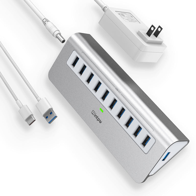Powered USB Hub, intpw 10 Port USB 3.1 Hub with 10Gbps Data Transfer, 30W(12V/2.5A) Power Adapter, USB Type A and Type C Cable, Aluminum USB Splitter for Laptop, MacBook and Desktop Computer