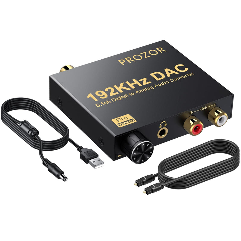 PROZOR 192kHz Digital to Analog Audio Converter Support Dolby AC-3 DTS 5.1CH with Volume Adjustable, Optical to RCA DAC Decoder, Digital DAC Converter SPDIF TOSLINK to Stereo L/R & 3.5mm Jack small DAC Support Dolby AC-3 DTS 5.1CH