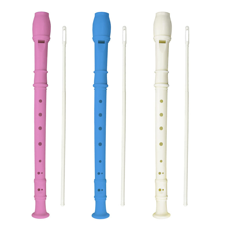 3 Pack 8 Hole Soprano Recorders Descant Flute With Cleaning Rod German Style for Beginner Graduation or Back to School Gift (blue, pink, white) blue, pink, white