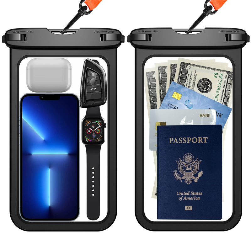 Temdan 2 Pcs Waterproof Phone Pouch, [Up to 10" Large] Universal IPX8 Waterproof Cell Phone Case Dry Bag with Lanyard for iPhone 15 Pro Max/14/13/12/11/SE,Galaxy S24 Ultra/S23/S22 for Vacation -Black Large 10" Black&Black