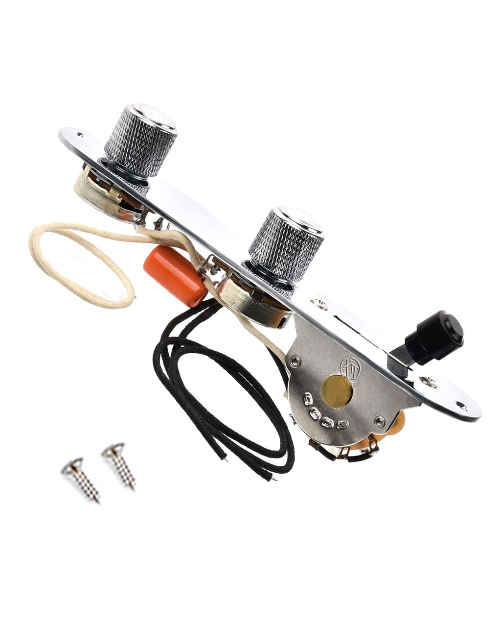 Fully Loaded Guitar Control Plate, Prewired 3-way Blade Switch Large Potentiometers Orange Capacitor, Knurled Volume Tone Controls Knobs Fit for Guitars with Single Coil Pickups, Chrome chrome TL02b