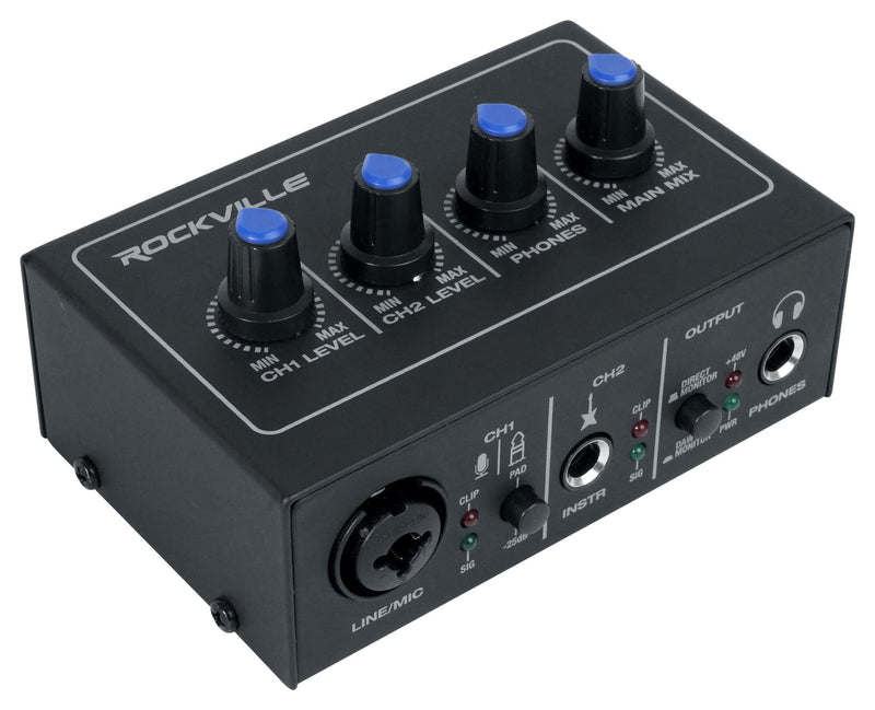Rockville Rock-U MINI 2x2 USB Computer Recording Interface 24 Bit 192Khz Home Studio, Black