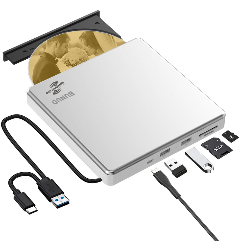 External CD DVD Drive LightScribe CD/DVD +/-RW Burner Player Writer Optical Disk Reader Portable CD DVD Drive for Laptop Mac MacBook PC Windows 11 10 Linux OS Silver