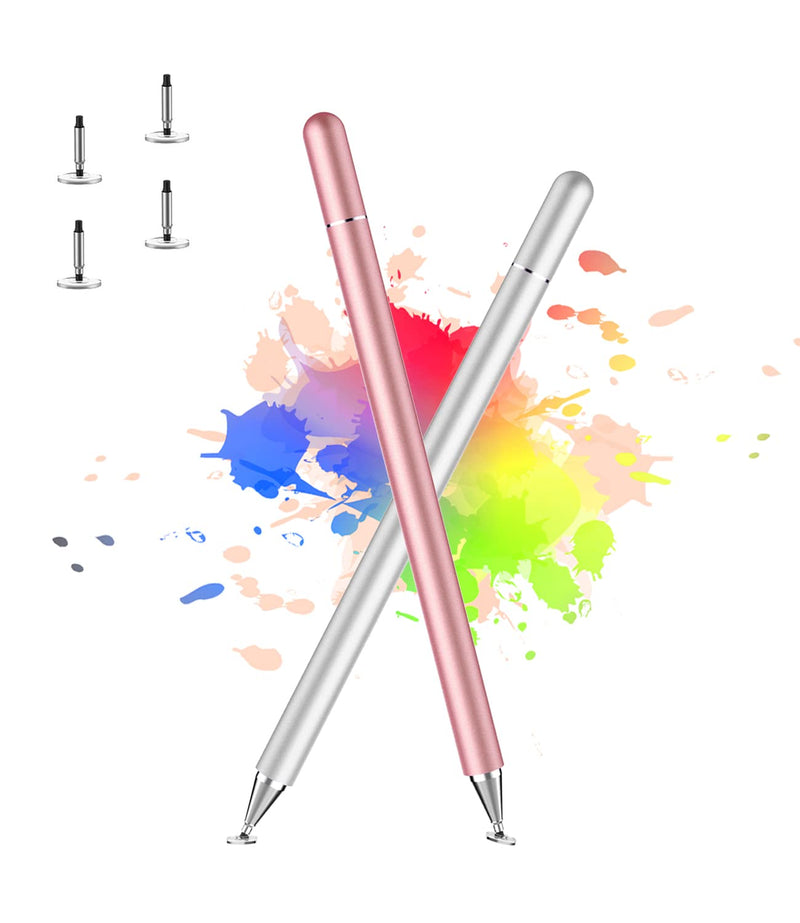Stylus Pen for iPad, LUNTAK Stylus Pens for Apple/iPhone/Ipad pro/Mini/Air/Android/Microsoft/Surface All Capacitive Touch Screens Universal with 4 Replacement Tips (2 Pcs, Pink and Silver)
