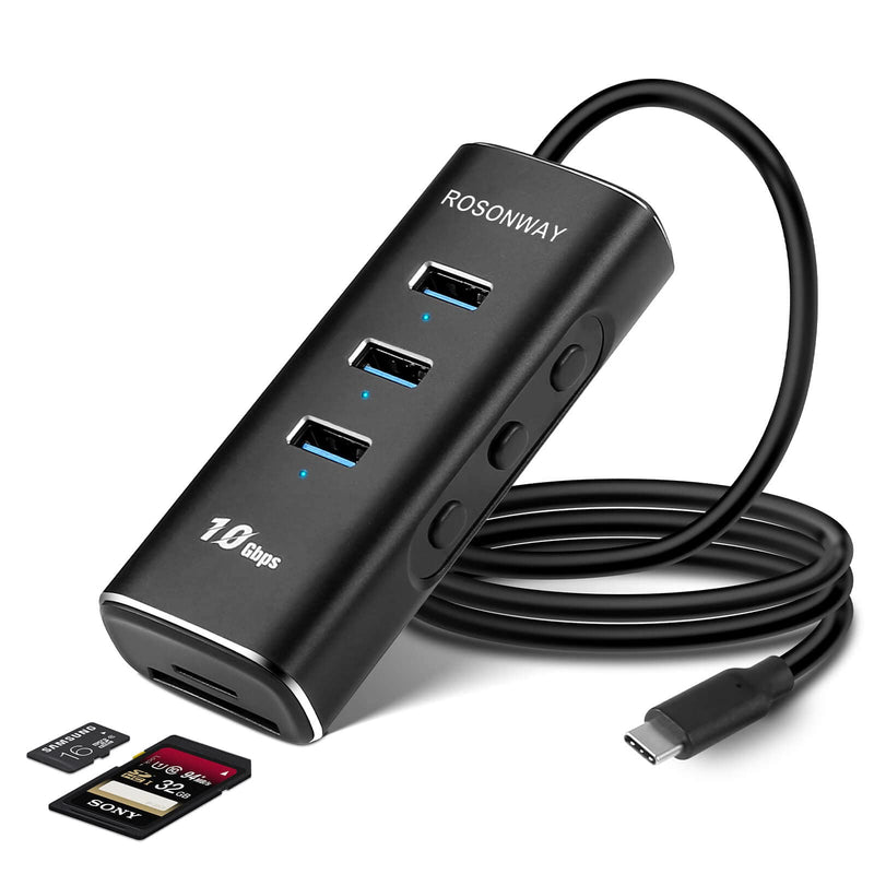 Rosonway 5 in 1 USB C Hub with 3 USB 3.2 10Gbps Data Ports, SD/TF Card Readers, 2ft Cable and Individual Switches, for PC, Laptops, M1 Mac Mini, iMac, MacBook Pro/Air, RSH-A104D