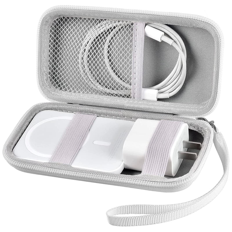 Case Compatible with Apple MagSafe Charger Battery Pack, Holder for Mag Safe Magnetic Power Bank for iPhone 12, Storage with Strap & Mesh Pocket for USB Power Adapter and Cable- White (Case Only)