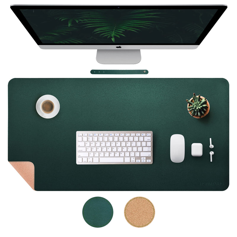 RENMTURE Dual-Sided Desk Pad,Natural Cork & PU Leather Large Mouse mats for Office and Home Work,Desk Protector Non-Slip (36"x17",Dark Green+Cork ) Dark Green