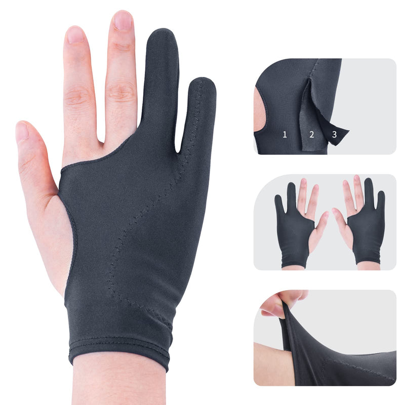 Artist Drawing Glove 3-Layer Palm Rejection [2 Pack Black] Right Left Hand Digital Art Graphic Tablet iPad Gloves Two Finger Smooth Elasticity Breathable for Stylus Pen Pencil Sketching Painting 2-Pack Black Gloves