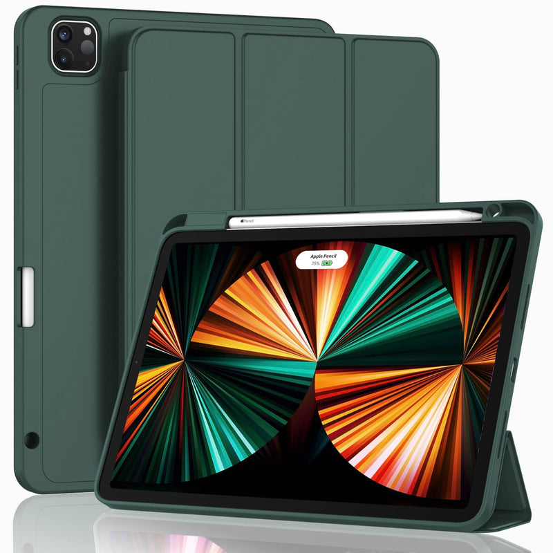 ZryXal New iPad Pro 12.9 Inch Case 2022/2021/2020(6th/5th/4th Gen) with Pencil Holder,Smart Case [Support Touch ID and Auto Wake/Sleep] with Auto 2nd Gen Pencil Charging (Midnight Green) Midnight Green