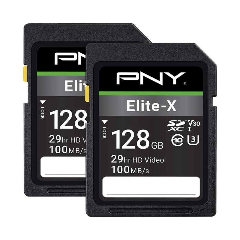[AUSTRALIA] - PNY 128GB Elite-X Class 10 U3 V30 SDXC Flash Memory Card 2-Pack - 100MB/s, Class 10, U3, V30, 4K UHD, Full HD, UHS-I, Full Size SD FLASH CARD - 2 PACK 