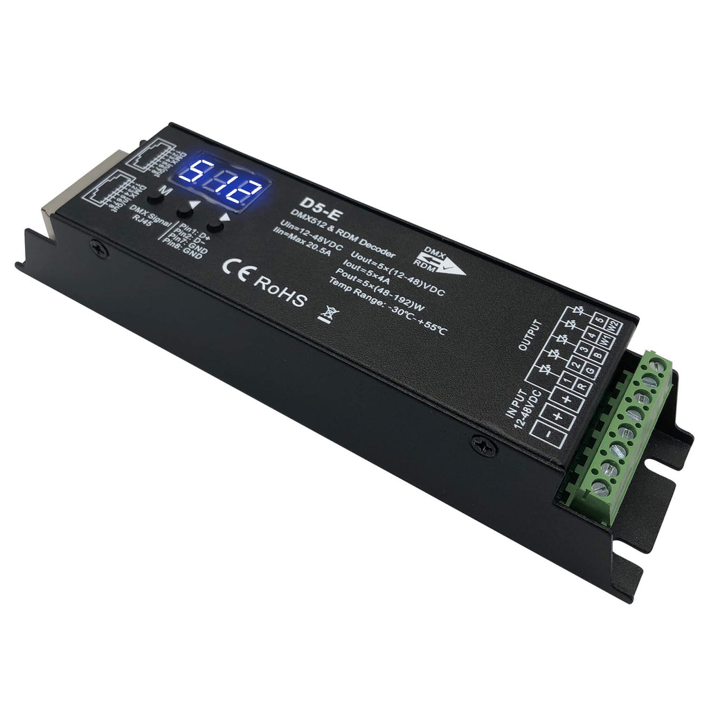 5 Channel DMX Decoder with RDM Digital Display,DMX512 Dimmer Driver PWM RGBCCT LED Controller for RGBWW RGBW or 5group White lightstrips LED Module Light Input 12V-48VDC RDM 5CH DMX Decoder