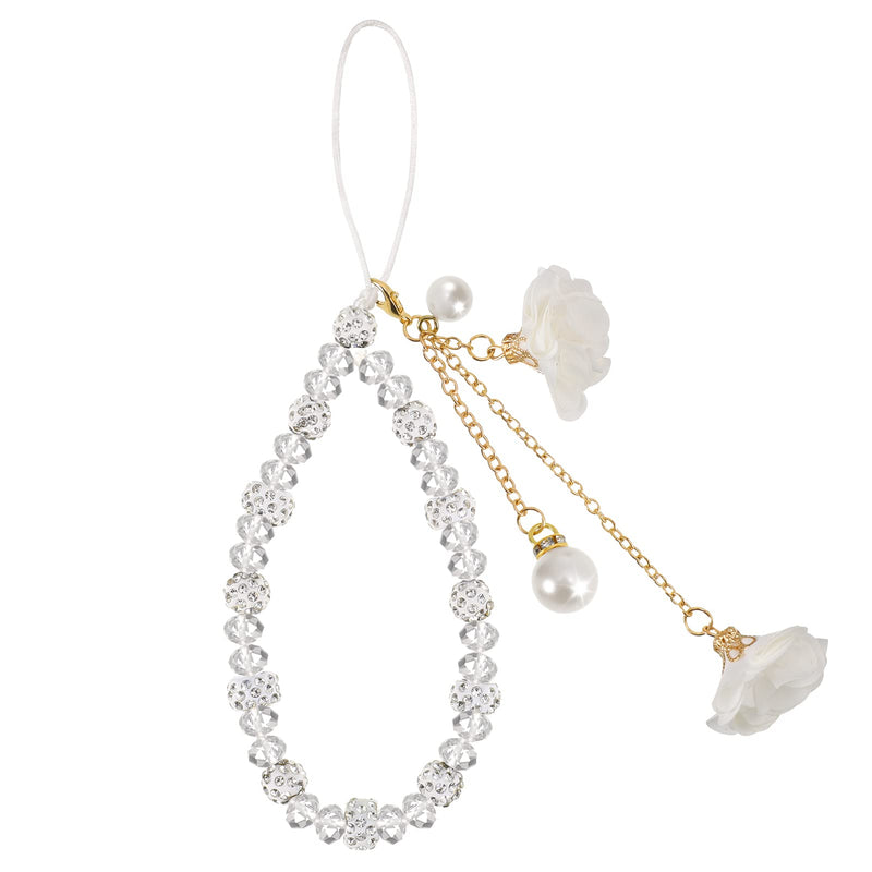 Phone Charm String Phone Chain Strap Cute Keychains Beaded Phone Strap Cell Phone Charms Beaded Lanyard Kawaii Creative Crystal Flower Pendant（White） GBYBY5768