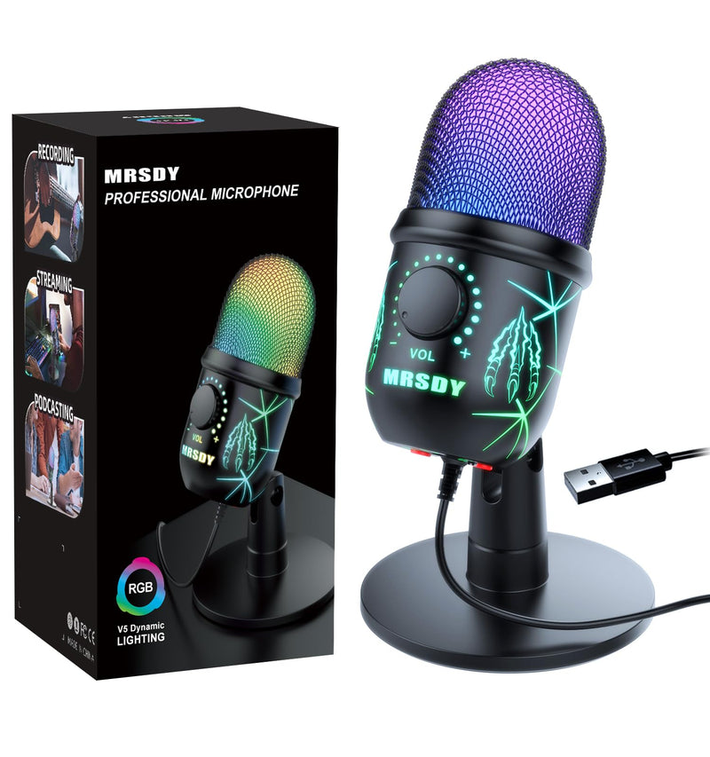 USB Microphone, Plug and Play Gaming Mic for PC, Mac, PS4/5, Podcast Microphone with RGB, Mute, Monitor, Noise Reduction, Volume Gain, Great for Recording, Streaming V5 Mic