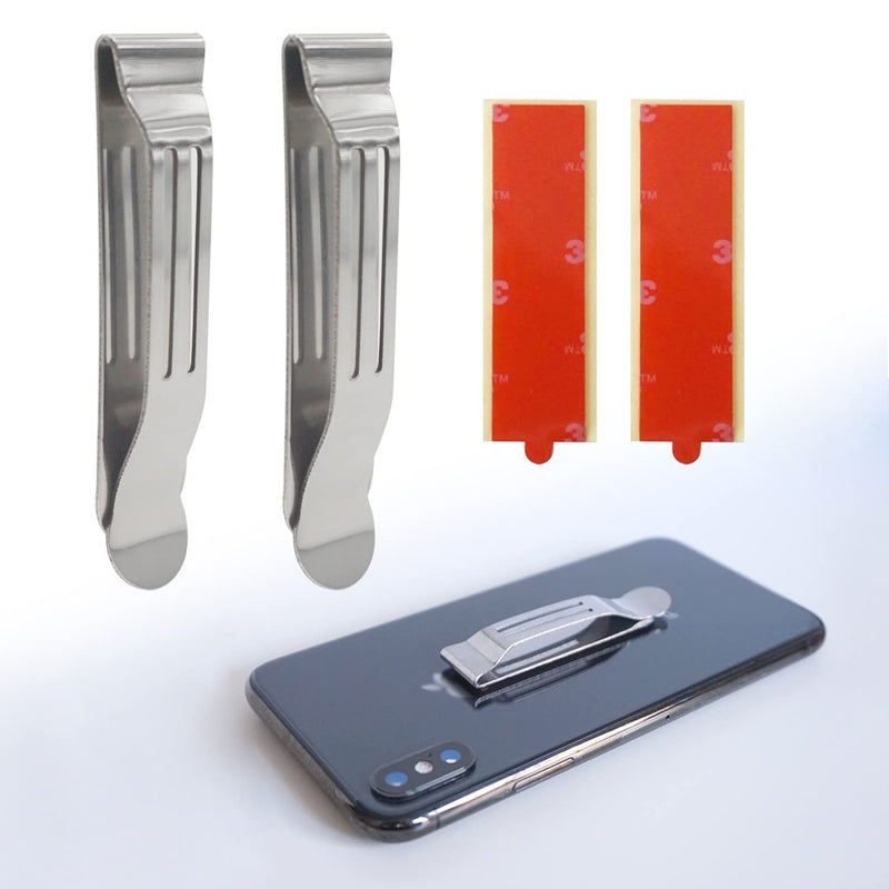 Universal Attachable Pocket Clip 2 Pack Adhesive Stainless Steel Belt Clip for Smartphones Cell Phone Hip Clip Light Weight Metal Phone Clip for Belt Bag Holster GPS Walkie-Talkie Silver