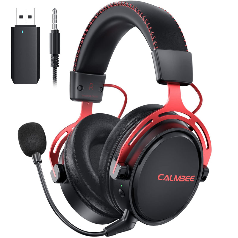 Wireless Gaming Headset with Microphone for PC PS5 PS4 Playstation, 2.4G USB Computer Headphones with Mic,Over-Ear Wireless Bluetooth Gamer Headsets for Laptop Mac Red