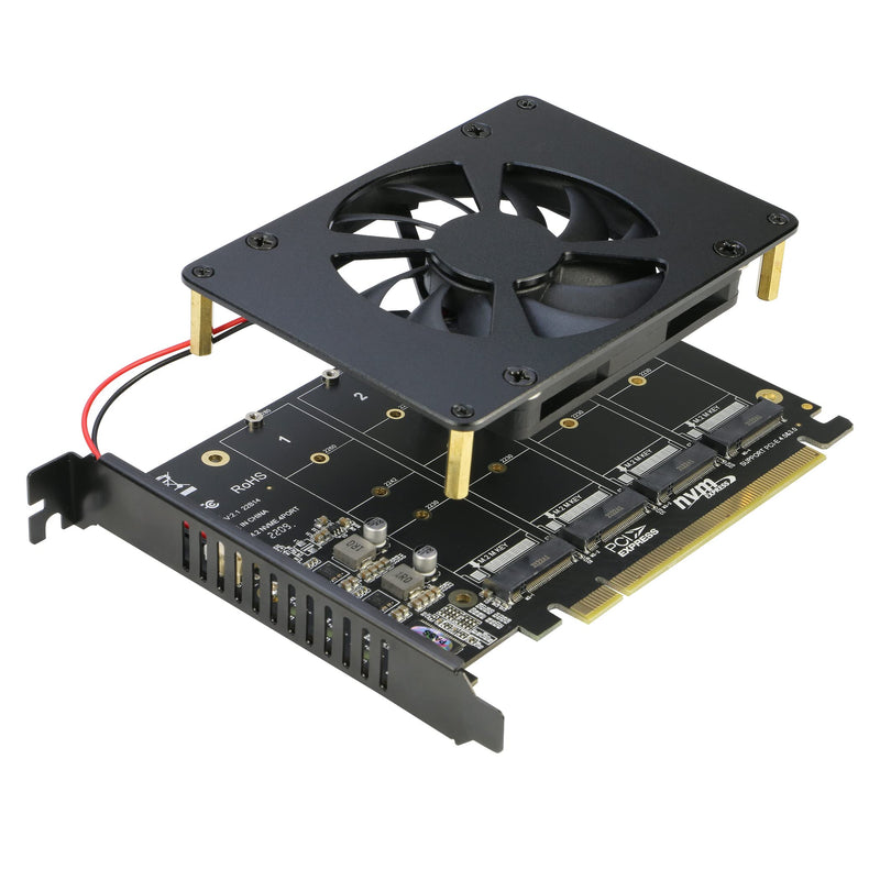 [AUSTRALIA] - Quad NVMe PCIe Adapter, RIITOP 4 Ports M.2 NVMe SSD to PCI-e 4.0/3.0 x16 Card with Fan Support 2280/2260/2242/2230 NVMe SSD (PCI-e Bifurcation Required) 4-Port 