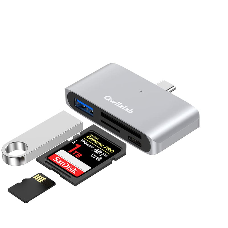 Qwiizlab 4-in-1 USB-C 3.0 Hub, SD/Micro Memory Card Readers, USB-A 5Gbps, USB-C 2.0, for MacBook Air Pro iMac HP XPS Lenovo Windows Laptop PC(Silver) Silver