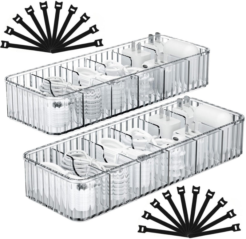Cable Storage Boxes Organizers 2 Pack,Cord Charger Storage Organizer Box Case with 20pcs Cable Ties,Stackable,Clear