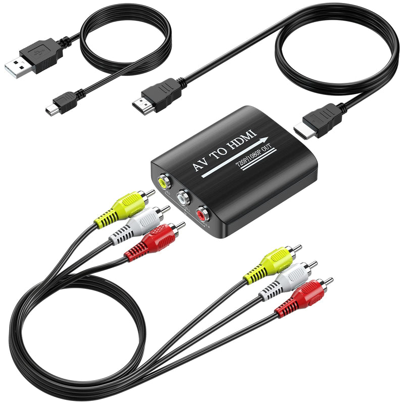 RCA to HDMI Converter, GINGIN 1080p/720p AV to HDMI Converter for TV/PC/N64/Wii/PS1/PS2/PS3/STB/Xbox/VHS/VCR/Blue-Ray DVD Players, with RCA and HDMI Cables Converter (with RCA and HDMI Cables)