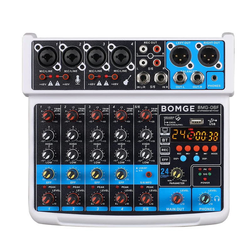 [AUSTRALIA] - BOMGE 6 Channel mini DJ Audio sound mixer console with USB interface, Bluetooth, Stereo Recording, 48V Phantom Power, 24 DSP effects for karaoke, singing, live，streaming，pc recroding. (white) white 