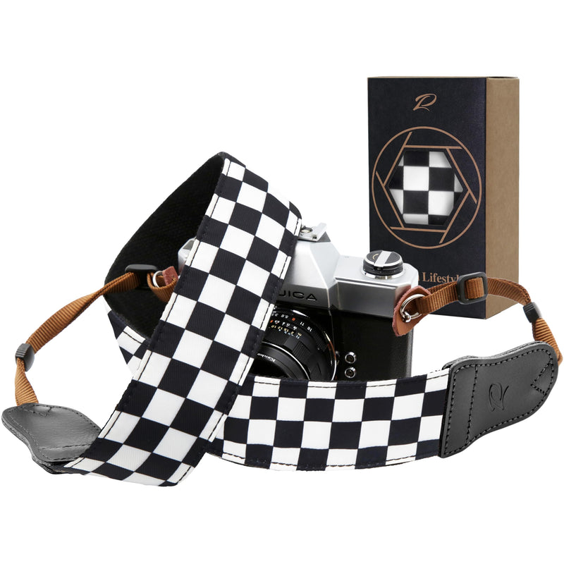 Padwa Lifestyle Black and White Plaid Camera Strap - 2" Wide Double Layer Cowhide Head,Cotton Camera Shoulder Straps,Grid Pattern Adjustable Camera Neck Strap for all Cameras,Gift for Photographers K# - Black and White Plaid