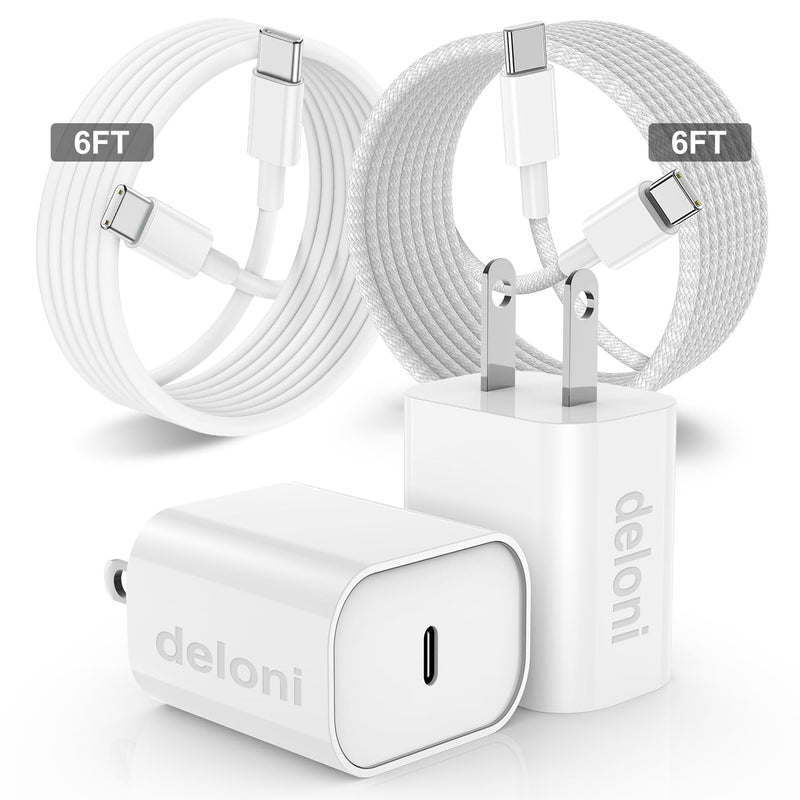 for iPhone 15 Charger Fast Charging, 2Pack 6FT USB C to USB C Nylon Braided Cable with 20W Type C Rapid Charging Block for iPhone 15 Plus/15 Pro Max, iPad Pro 12.9/11 inch/4/3th/Air/Mini White 2Pack 6Feet