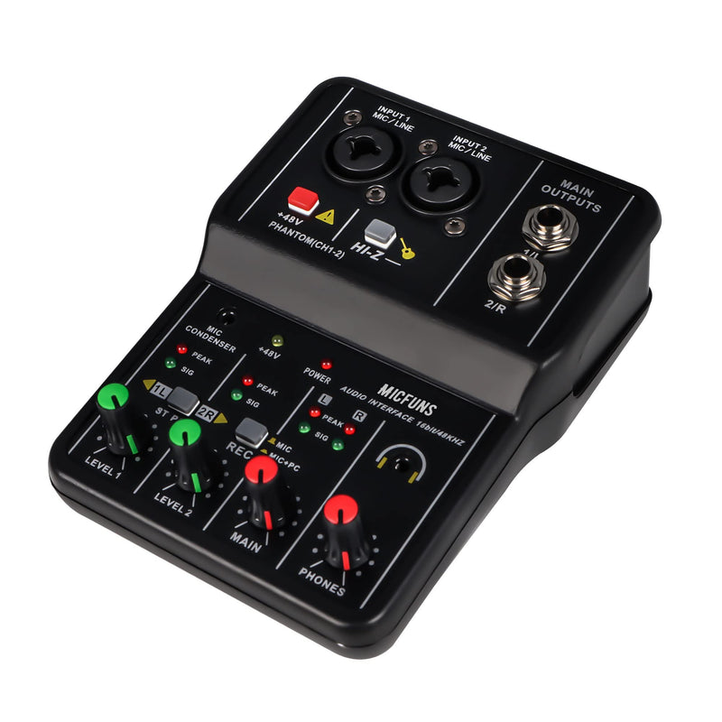 [AUSTRALIA] - Mini 2 channel audio DJ mixer console interface with 48V phantom power Combo Jack Microphone/Guitar XLR+6.35mm, 3.5mm Stereo in, Headphone Jack for studio live show,party recording 