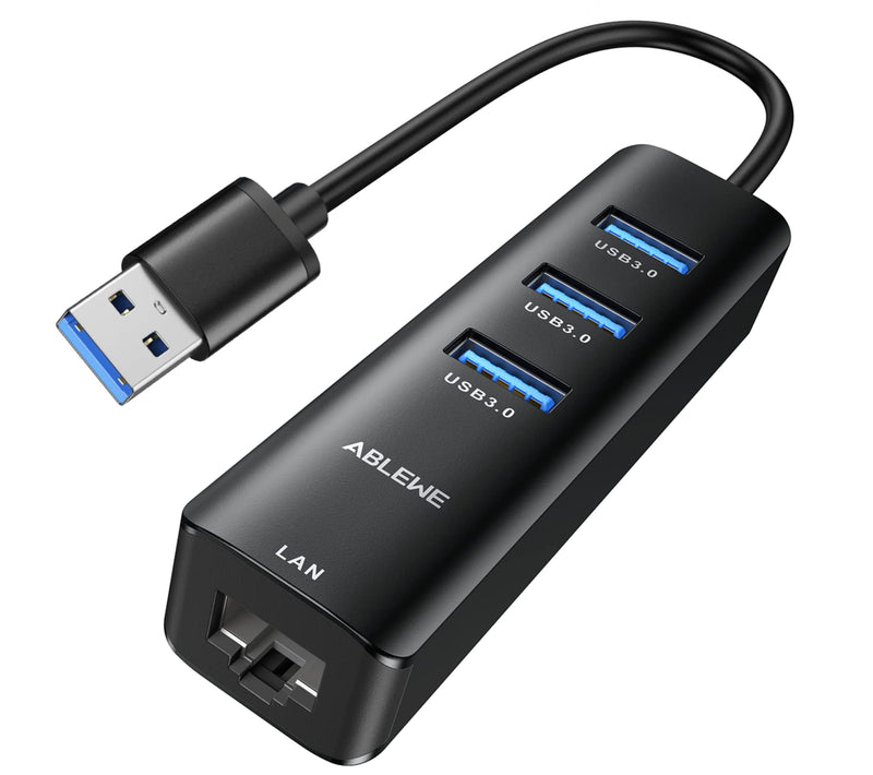 USB to Ethernet Adapter, ABLEWE 3 Ports USB 3.0 Hub with RJ45 1Gbps Gigabit Ethernet Adapter, for MacBook Air 2017, iMac, XPS, Surface Pro, Linux, Chromebook, Notebook and More - Black
