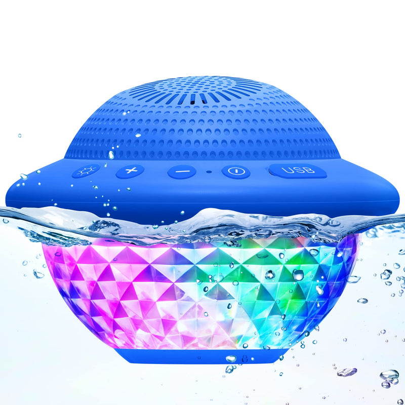 Floating Pool Speakers with Colorful LED Lights, IPX7 Waterproof Hot Tub Bluetooth Speaker, 10W Stereo Loud Sound, Built-in Mic, Portable Wireless Speakers for Shower Bathtub Beach Outdoor Swim-Blue Blue