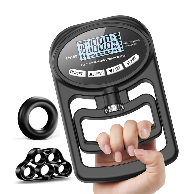 [AUSTRALIA] - Hand Grip Strength Tester Trainer - Electronic Hand Dynamometer Forearm Grip Strengthener Exerciser Digital Training Gauge 265 Lbs 120 Kgs for Sport Home School Use black 