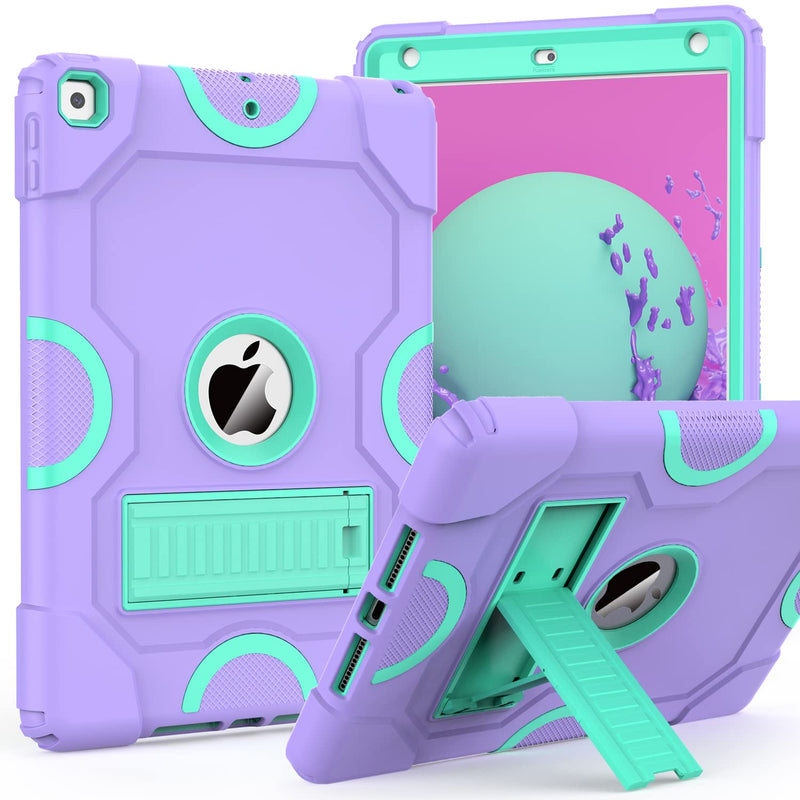 for iPad 9th Generation Case, iPad 8th 7th Generation Case, iPad 10.2 Inch 2021/2020/2019 Case, Heavy Duty Rugged Shockproof Protective Cover with Kickstand for Kids Purple/Green