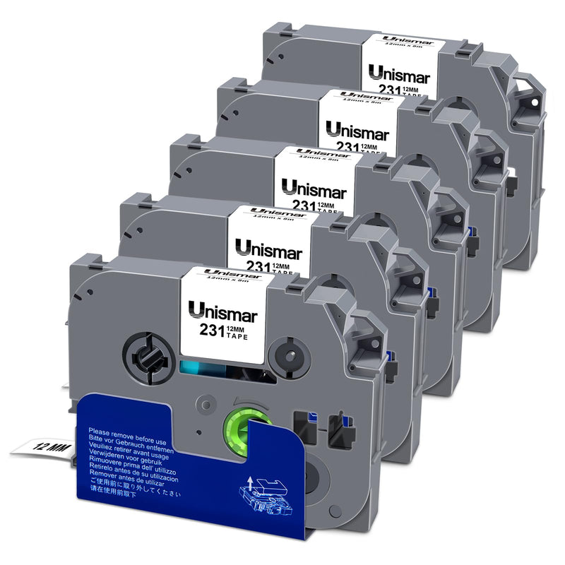 [AUSTRALIA] - Unismar 5-Pack Compatible for Brother Black on White 12mm Label Tape Replacement for Ptouch PTD200 PTD202 PTD210 PTD600 PTD400 PTH100 PTH110 PT1280 Label Printer 26.2Ft(8m) 
