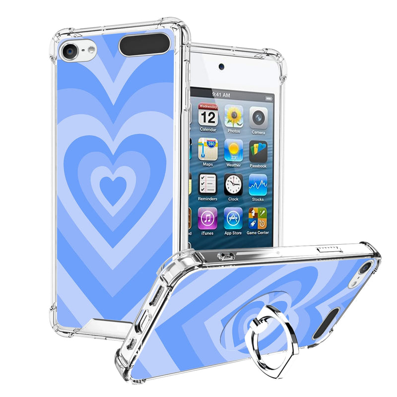 OOK Compatible with iPod Touch5/6/7 Generation Case Ring Holder for Girls Woman,Soft TPU Bumper PC Back Shockproof Protective Case-Blue Love Heart Blue Love Heart