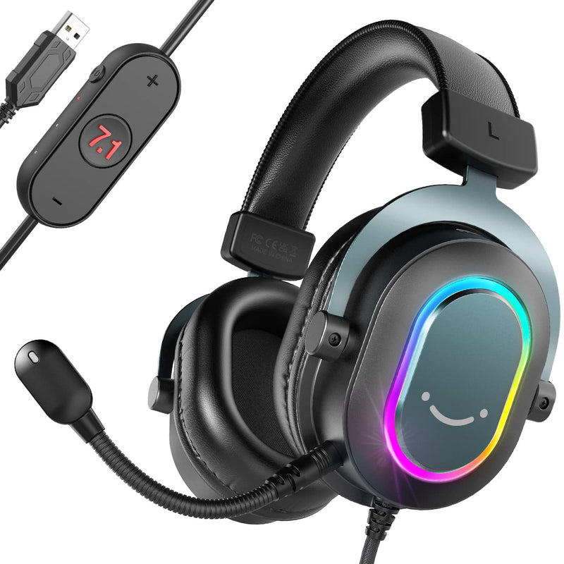 FIFINE Gaming Headset for PC-Wired Headphones with Microphone-7.1 Surround Sound Computer USB Headset for Laptop, Streaming Headphones on PS4/PS5, with EQ Mode, RGB, Soft Ear Pads - AmpliGame H6 Black