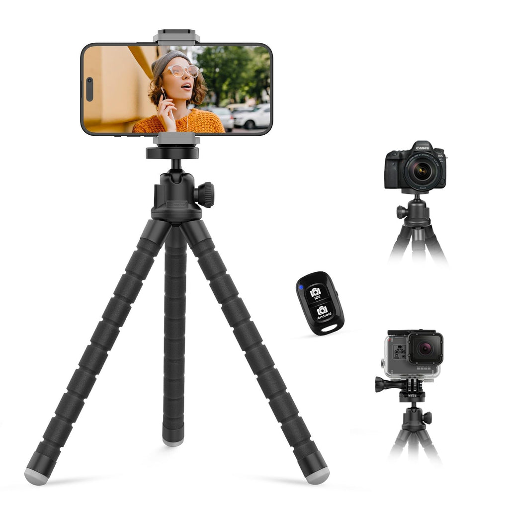 Aureday Cell Phone Tripod, Flexible Mini Tripod with Remote and Cold Shoe, Small Tripod Stand for Video Recording, Vlogging, Compatible with Microphones,Cellphone,Camera,Gopro Black Flexible Tripod with Cold Shoe