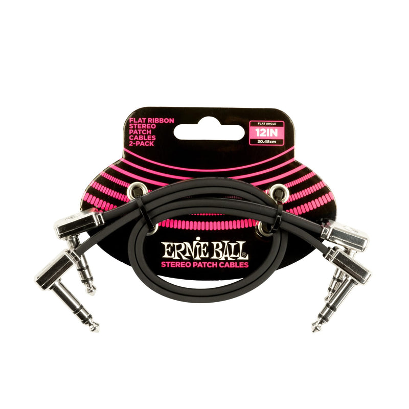 Ernie Ball Flat Ribbon Stereo Patch Cable 2-Pack, 12in Black (P06405) 12 inch